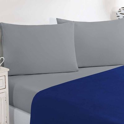 Jogo De Cama Malha Lençol 100% Algodão Gran Moratta 4 Peças Casal - Azul Royal/Cinza