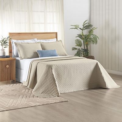 Kit Cobre Leito Colcha Quality King 3 Peças Percale 200 Fios Bordado - Cáqui
