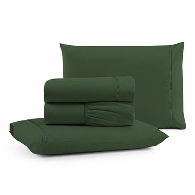 Jogo de Lençol Queen Premium Soft 600 Fios Micropercal Verde Escuro Ponto Palito Toque Macio 4 Peças