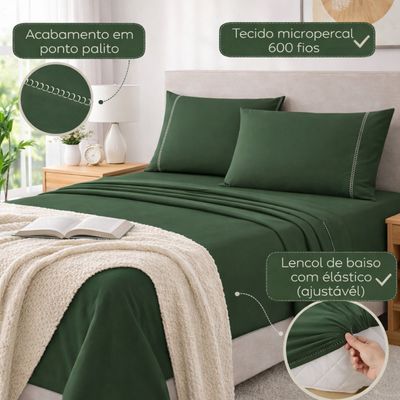 Jogo de Lençol Queen Premium Soft 600 Fios Micropercal Verde Escuro Ponto Palito Toque Macio 4 Peças