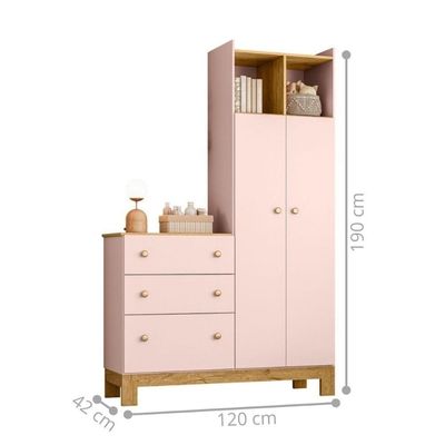 Roupeiro E Cômoda Infantil 2 Portas 3 Gavetas Rosa