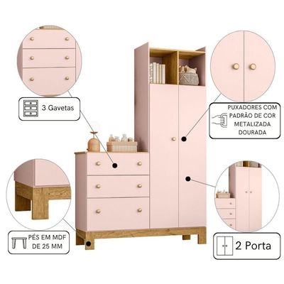 Roupeiro E Cômoda Infantil 2 Portas 3 Gavetas Rosa