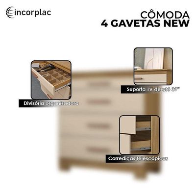 Cômoda 4 Gavetas New E Guarda Roupa Casal Londres Com Espelho Carvalho Americano Off White - Incorplac