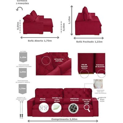 Sofá Modular 6 Lugares 2.90M Retrátil E Reclinável Vermelho