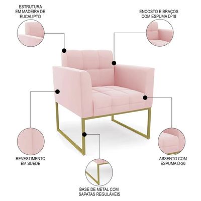Poltrona Decorativa Base Industrial Dourado Ana Suede Rosa Bebê - Ibiza