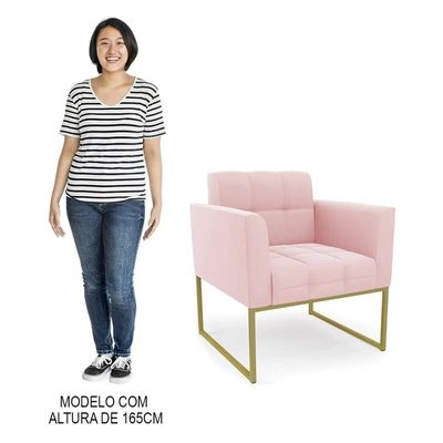 Poltrona Decorativa Base Industrial Dourado Ana Suede Rosa Bebê - Ibiza