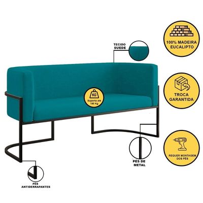 Sofá 2 Lugares Com Base De Metal Preto Reforçada Azul Turquesa