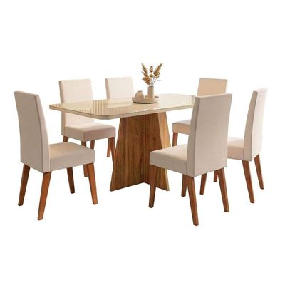 Conjunto Sala De Jantar Mesa 1,60m Com Vidro Anjos 6 Cadeiras Veludo Milano Viero Madeirado / Marfim