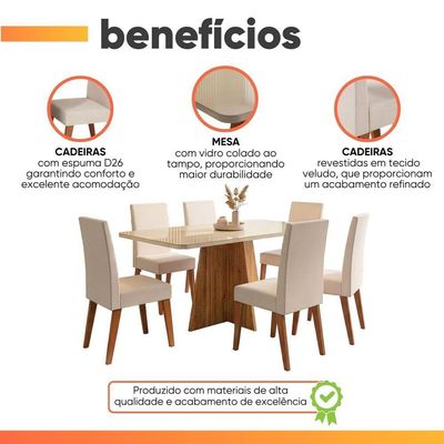 Conjunto Sala De Jantar Mesa 1,60m Com Vidro Anjos 6 Cadeiras Veludo Milano Viero Madeirado / Marfim