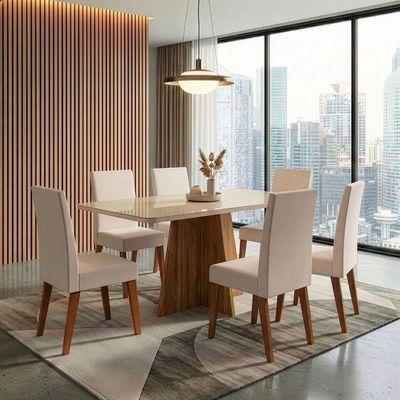 Conjunto Sala De Jantar Mesa 1,60m Com Vidro Anjos 6 Cadeiras Veludo Milano Viero Madeirado / Marfim