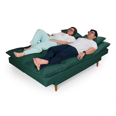Sofá Cama Andorra 3 Lugares Império Reclinável Casal Pés Madeira Suede Verde 403