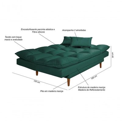 Sofá Cama Andorra 3 Lugares Império Reclinável Casal Pés Madeira Suede Verde 403