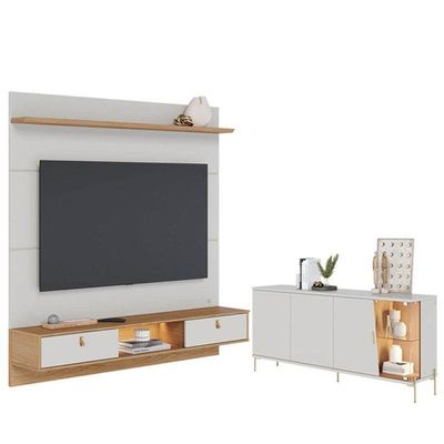 Painel Para Tv Home Suspenso Bali 1.6 Com Aparador Buffet Sena Com Led Off White Matte Freijó – Colibri