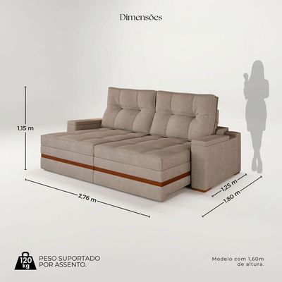 Sofá Retrátil Reclinável 5 Lugares Mônaco 2,76m Veludo Bege