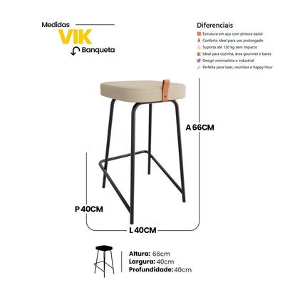 Banqueta Média Para Cozinha Vik Estofada Linho Bege - Desk Design