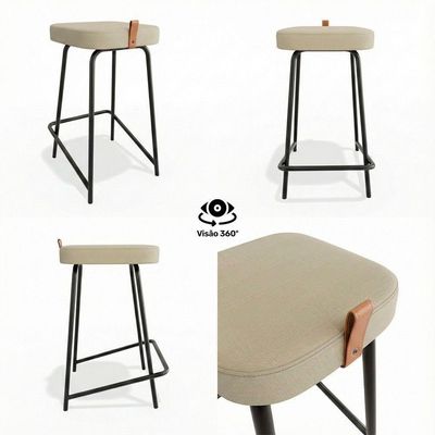 Banqueta Média Para Cozinha Vik Estofada Linho Bege - Desk Design