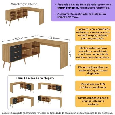 Mesa De Estudos Em L Com 3 Gavetas Porto Multimóveis Mp6047 Madeirado/preto