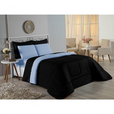 Kit Edredom Dupla Face + Jogo De Lençol Casal Nobre 7 Peças Malha 100% Algodão - Preto / Azul-bebê