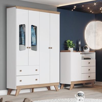Jogo De Quarto Infantil Confete Com Guarda Roupa E Cômoda Branco-jequitibá - Móveis Henn Branco-jequitibá