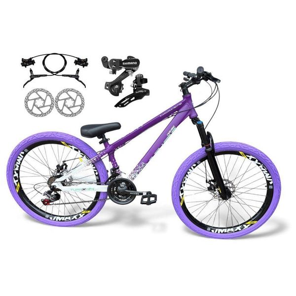 Bicicleta aro26 Vikingx Tuff Câmbios Shimano Freio Hidráulico 21v Freeride aroVmaxx Flame RoxoBranco