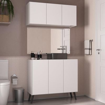 Conjunto Gabinete De Banheiro E Armário Aéreo Retrô Mp5055 Branco preto