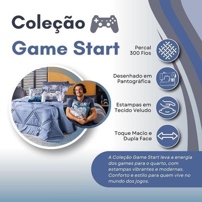 Kit Edredom Queen Game Start Azul Com Almofadas Estampadas 07 Peças - Dupla Face Percal 300 Fios