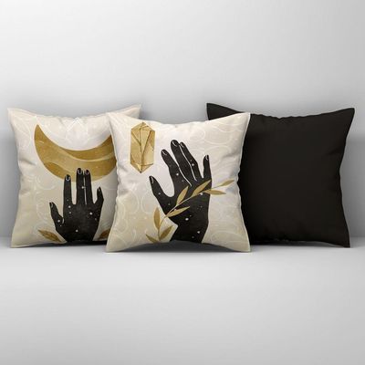 Kit Trio Capas De Almofadas Estampadas Folhas Em Veludo Suede 45cm X 45cm - Decoração Luxo Para Sala Cor Preto