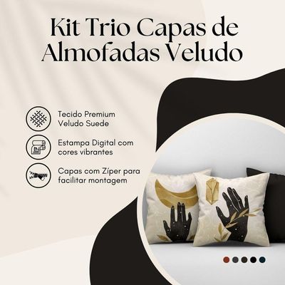 Kit Trio Capas De Almofadas Estampadas Folhas Em Veludo Suede 45cm X 45cm - Decoração Luxo Para Sala Cor Preto