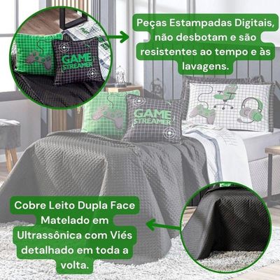Kit Cobre Leito Colcha Solteiro Game Streamer Dupla Face Com Almofadas Estampadas 05 Peças Cor Verde