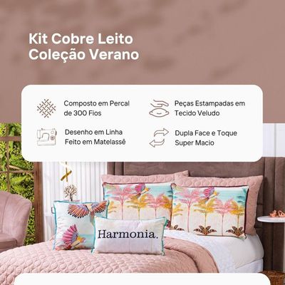 Kit Cobre Leito Colcha King Verano Com Almofadas Estampadas 07 Peças - Dupla Face Percal 300 Fios Matelado Cor Arara
