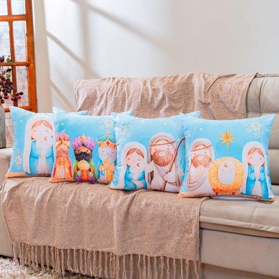 Kit Com 4 Capas De Almofadas Estampadas Natalinas 45cm X 45cm - Decorativas Festas Ceia Fim De Ano Cor Presépio Azul