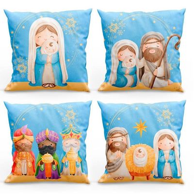 Kit Com 4 Capas De Almofadas Estampadas Natalinas 45cm X 45cm - Decorativas Festas Ceia Fim De Ano Cor Presépio Azul