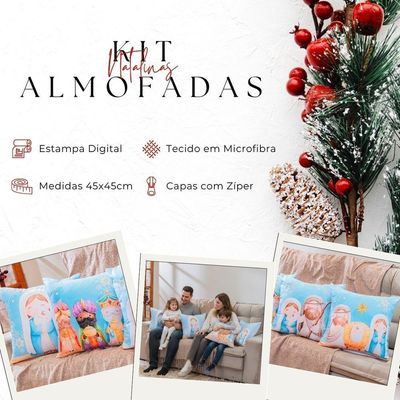 Kit Com 4 Capas De Almofadas Estampadas Natalinas 45cm X 45cm - Decorativas Festas Ceia Fim De Ano Cor Presépio Azul