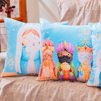 Kit Com 4 Capas De Almofadas Estampadas Natalinas 45cm X 45cm - Decorativas Festas Ceia Fim De Ano Cor Presépio Azul