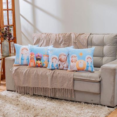 Kit Com 4 Capas De Almofadas Estampadas Natalinas 45cm X 45cm - Decorativas Festas Ceia Fim De Ano Cor Presépio Azul