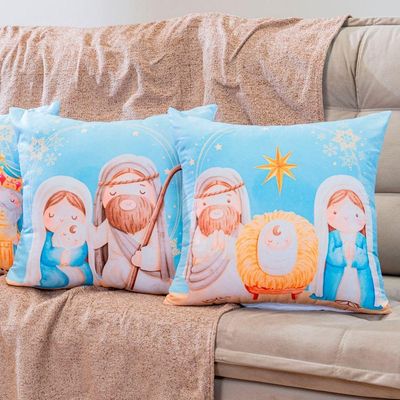 Kit Com 4 Capas De Almofadas Estampadas Natalinas 45cm X 45cm - Decorativas Festas Ceia Fim De Ano Cor Presépio Azul