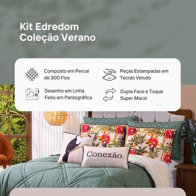 Kit Edredom Casal Padrão Verano Com Almofadas Estampadas 07 Peças - Dupla Face Percal 300 Fios Cor Tucano