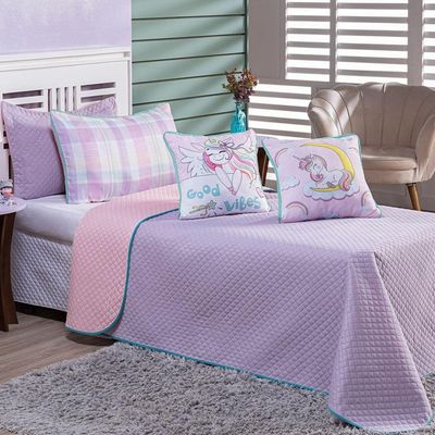 Kit Cobre Leito Colcha Solteiro Vibes Unicórnio Lilás/rosa Dupla Face Com Almofadas Estampadas 05 Peças