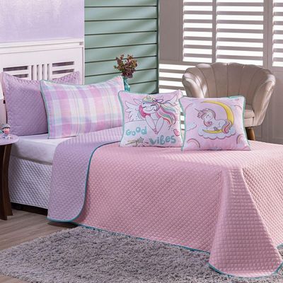 Kit Cobre Leito Colcha Solteiro Vibes Unicórnio Lilás/rosa Dupla Face Com Almofadas Estampadas 05 Peças