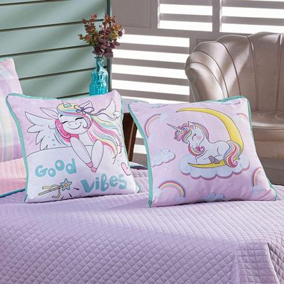 Kit Cobre Leito Colcha Solteiro Vibes Unicórnio Lilás/rosa Dupla Face Com Almofadas Estampadas 05 Peças