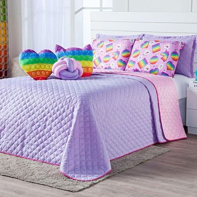 Kit Cobre Leito Colcha Queen Pop It Lilás/rosa Dupla Face Com Almofadas Estampadas 08 Peças