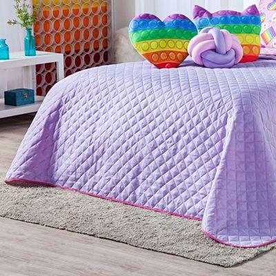 Kit Cobre Leito Colcha Queen Pop It Lilás/rosa Dupla Face Com Almofadas Estampadas 08 Peças