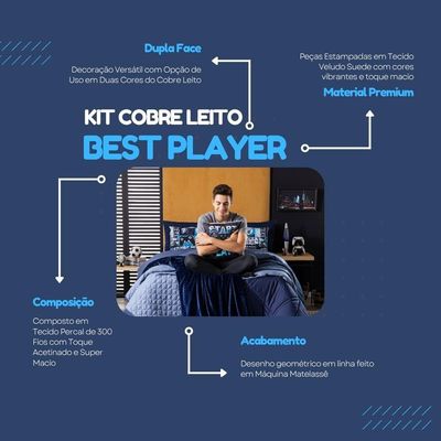 Kit Cobre Leito Colcha Solteiro Best Player Azul Marinho Com Almofadas Estampadas 05 Peças - Dupla Face Percal 300 Fios