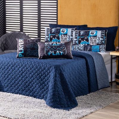 Kit Cobre Leito Colcha Solteiro Best Player Azul Marinho Com Almofadas Estampadas 05 Peças - Dupla Face Percal 300 Fios