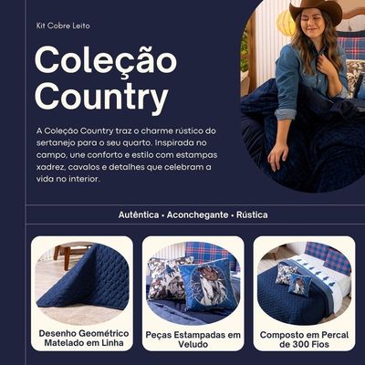 Kit Cobre Leito Colcha King Country Com Almofadas Estampadas 07 Peças - Dupla Face Percal 300 Fios Matelado Cor Azul