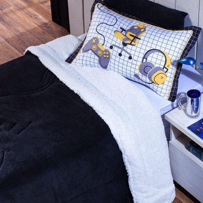 Kit Coberdrom Cobertor Solteiro Game Streamer Preto Dupla Face Com Fronha 02 Peças - Tecido Mantinha E Sherpa