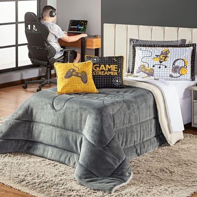Kit Coberdrom Game Streamer Cinza C/ Almofadas Solteiro 04 Peças - Dupla Face Sherpa E Mantinha