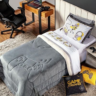 Kit Coberdrom Game Streamer Cinza C/ Almofadas Solteiro 04 Peças - Dupla Face Sherpa E Mantinha
