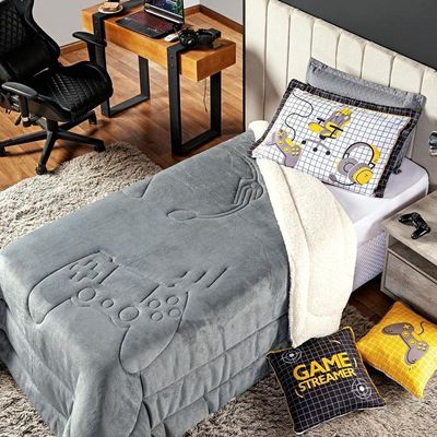 Kit Coberdrom Game Streamer Cinza C/ Almofadas Solteiro 04 Peças - Dupla Face Sherpa E Mantinha