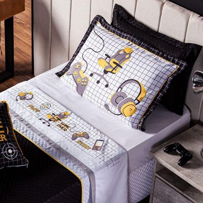 Jogo De Cama Lençol Solteiro Game Streamer Branco Com Fronha E Virol Estampados 03 Peças - Tecido Percal 200 Fios
